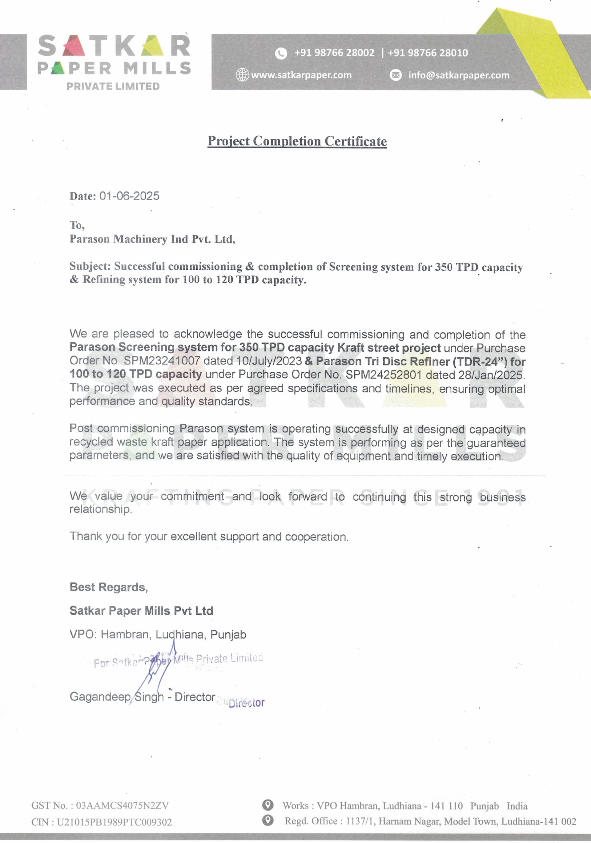 Satkar Paper appreciation letter